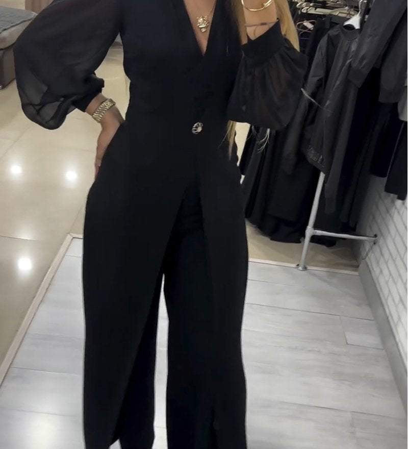 Darina - Elegantan kombinezon sa V-izrezom i dugim rukavima