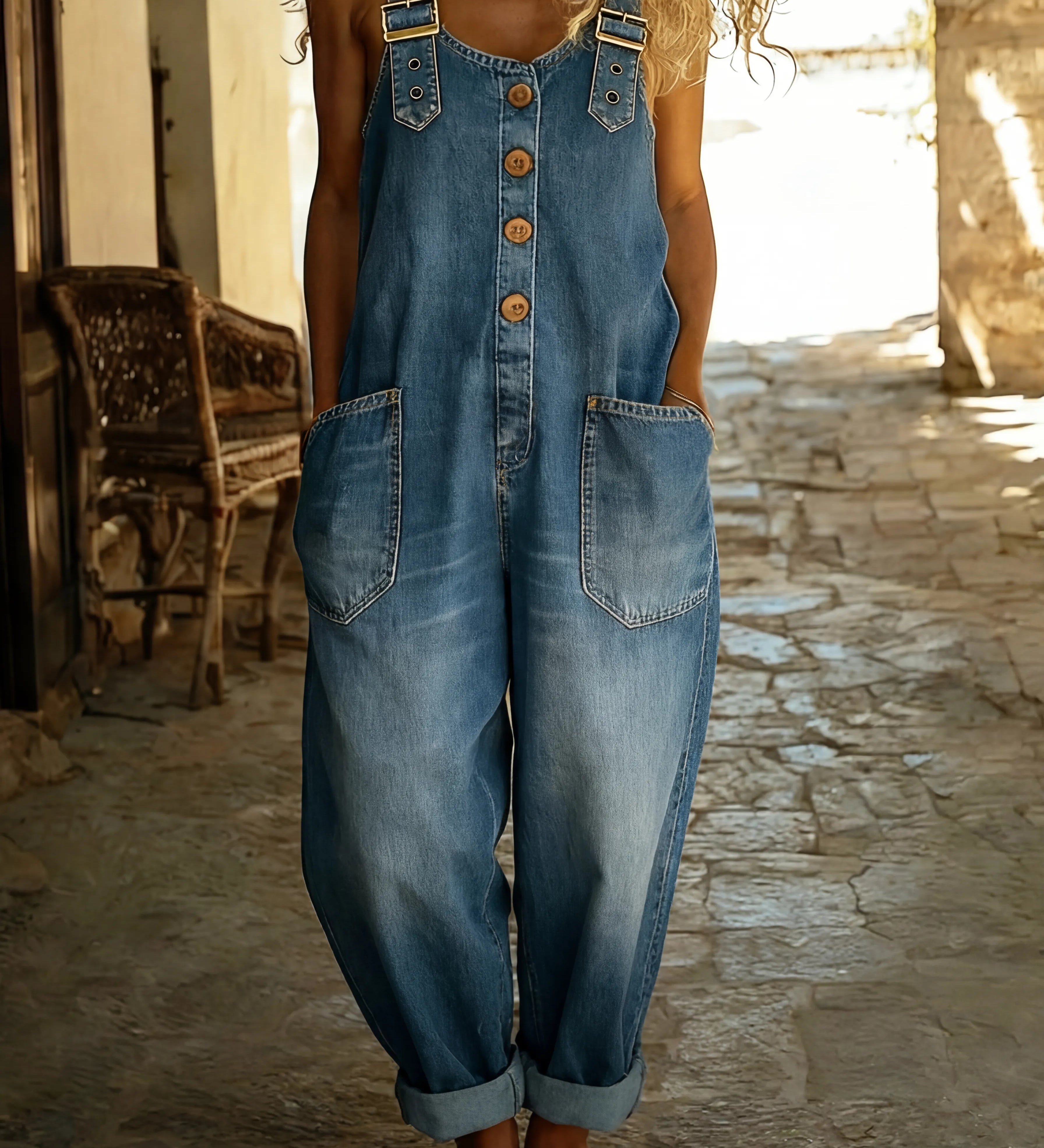 Rocio - Lahe denim kombinesoon reguleeritava klambriga