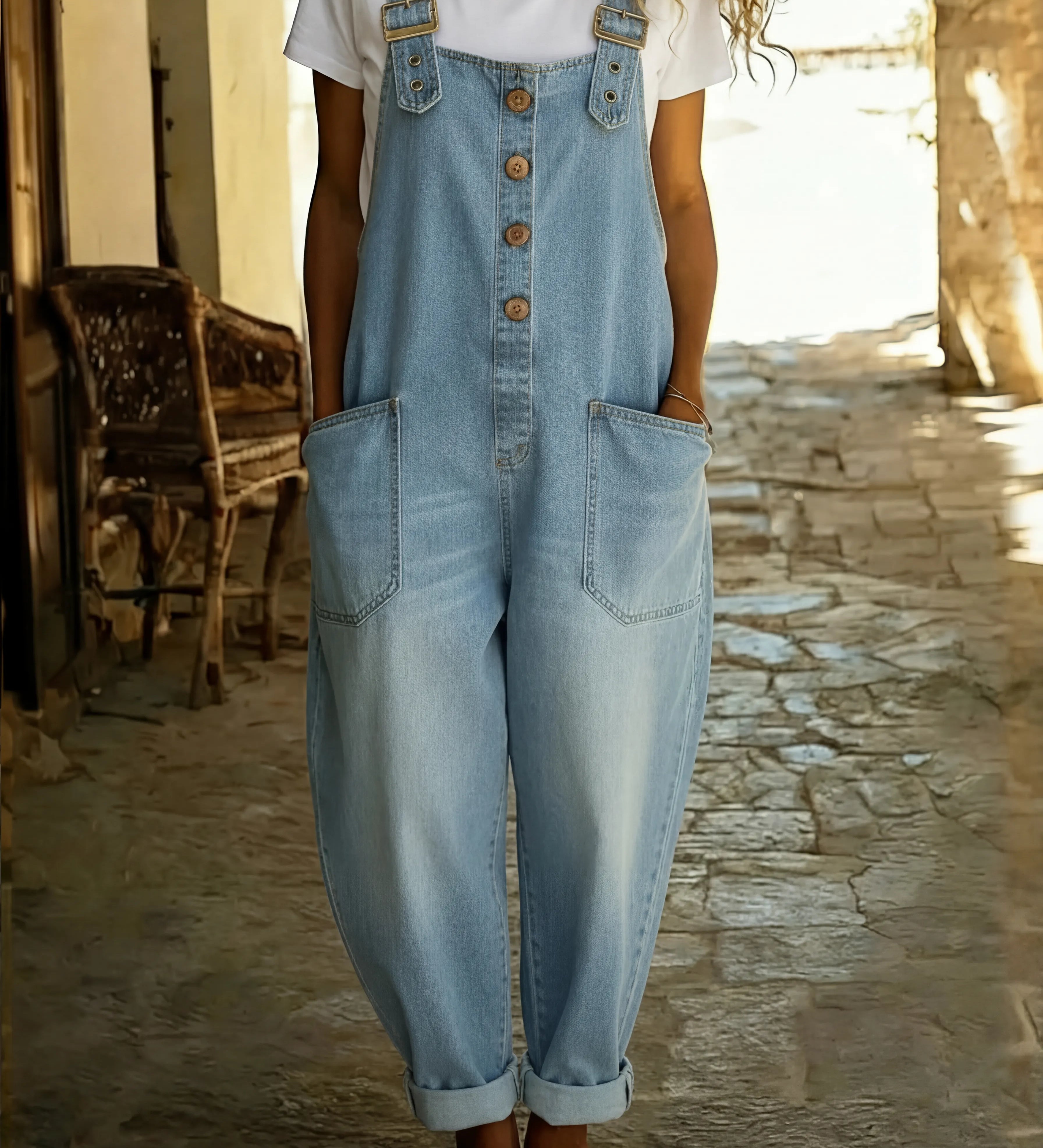 Rocio - Lahe denim kombinesoon reguleeritava klambriga